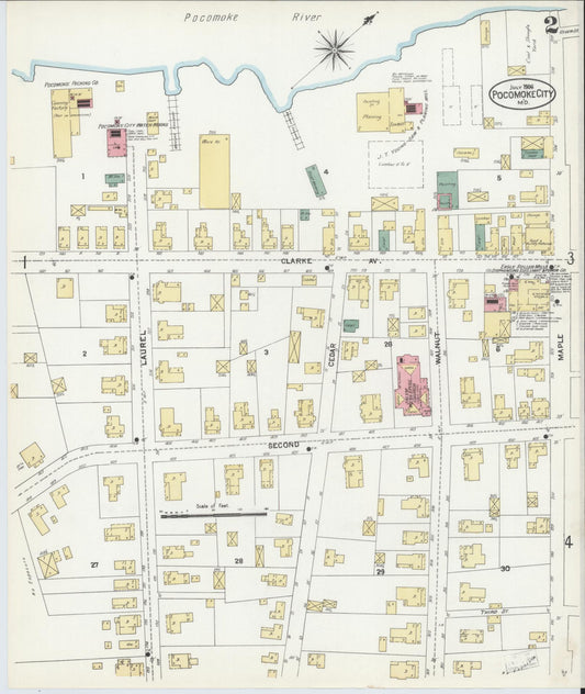 Sanborn Fire Insurance Map from Pocomoke City, Worcester County, Maryland (1906), Sheet #0002 - Historic Sanborn Fire Insurance Map Print, vintage old map wall art