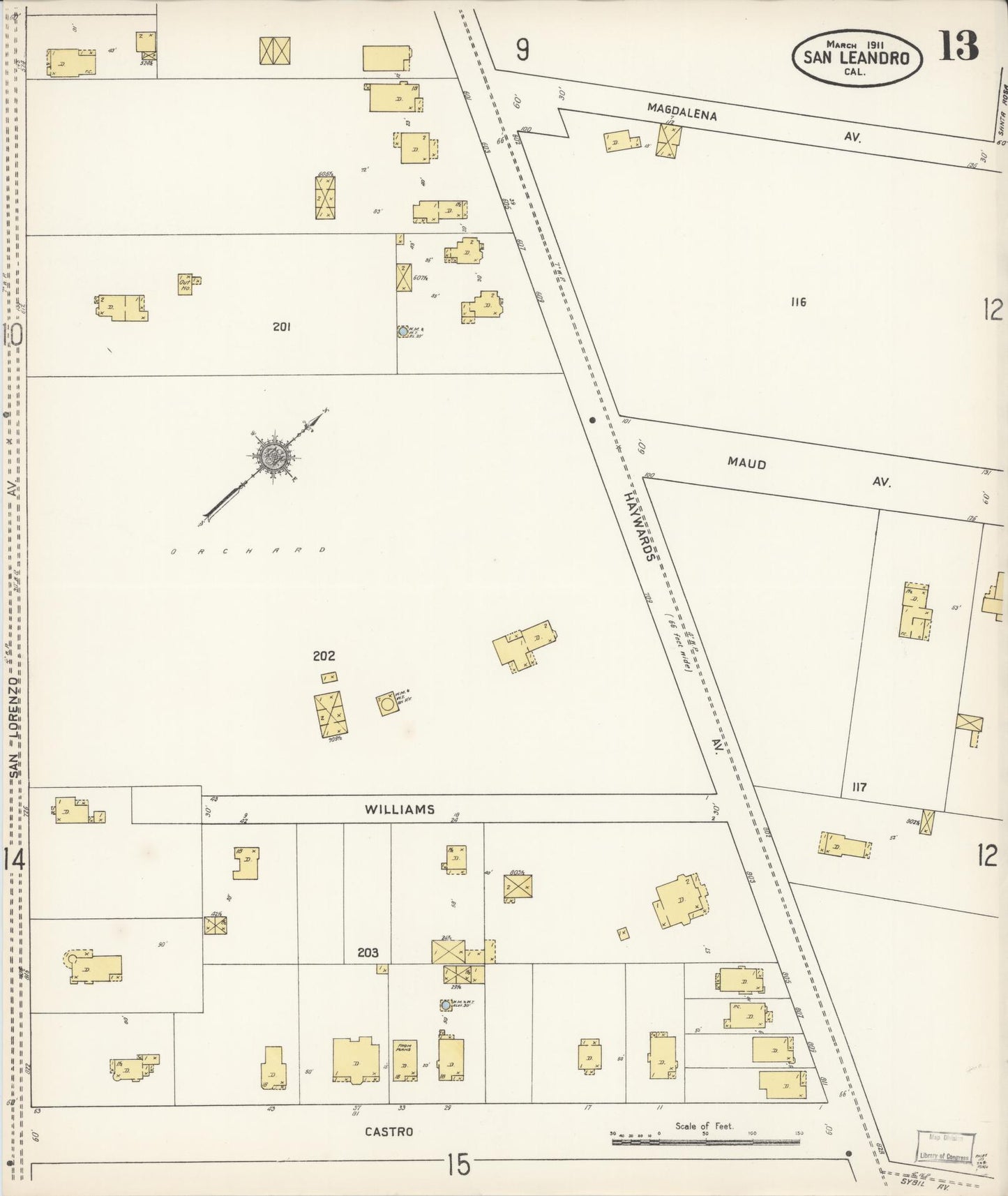 Sanborn Fire Insurance Map from San Leandro, Alameda County, California (1911), Sheet #0013 - Complete Map Set gallery image, historic Sanborn map, vintage wall art, California California