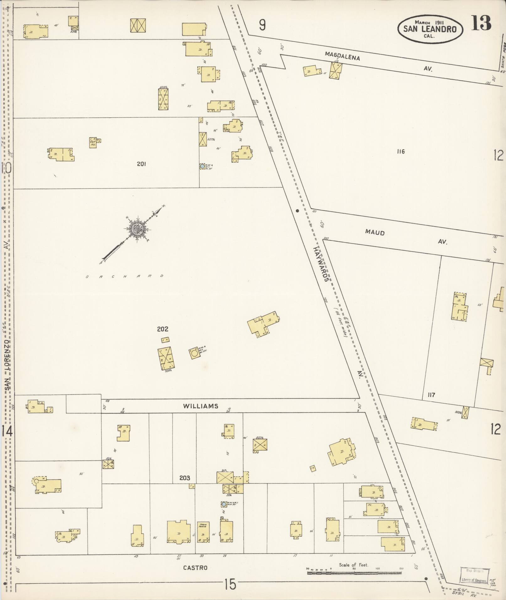 Sanborn Fire Insurance Map from San Leandro, Alameda County, California (1911), Sheet #0013 - Complete Map Set gallery image, historic Sanborn map, vintage wall art, California California