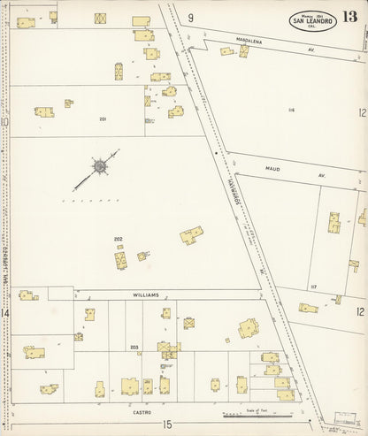Sanborn Fire Insurance Map from San Leandro, Alameda County, California (1911), Sheet #0013 - Complete Map Set gallery image, historic Sanborn map, vintage wall art, California California
