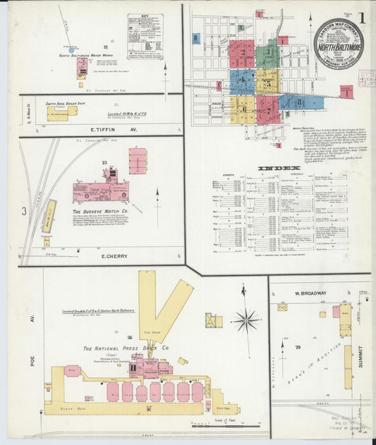Sanborn Fire Insurance Map from North Baltimore, Wood County, Ohio (1908), Sheet #0001 - Historic Sanborn Fire Insurance Map Print, vintage old map wall art, antique decor, genealogy gift, Ohio Ohio map