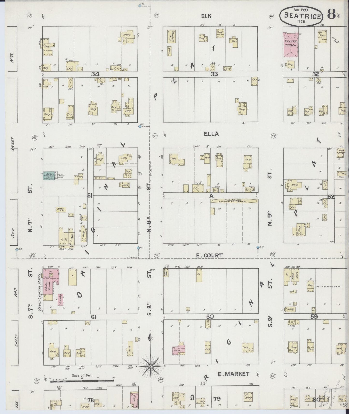 Sanborn Fire Insurance Map from Beatrice, Gage County, Nebraska (1889), Sheet #0008 - Complete Map Set gallery image, historic Sanborn map, vintage wall art, Nebraska Nebraska