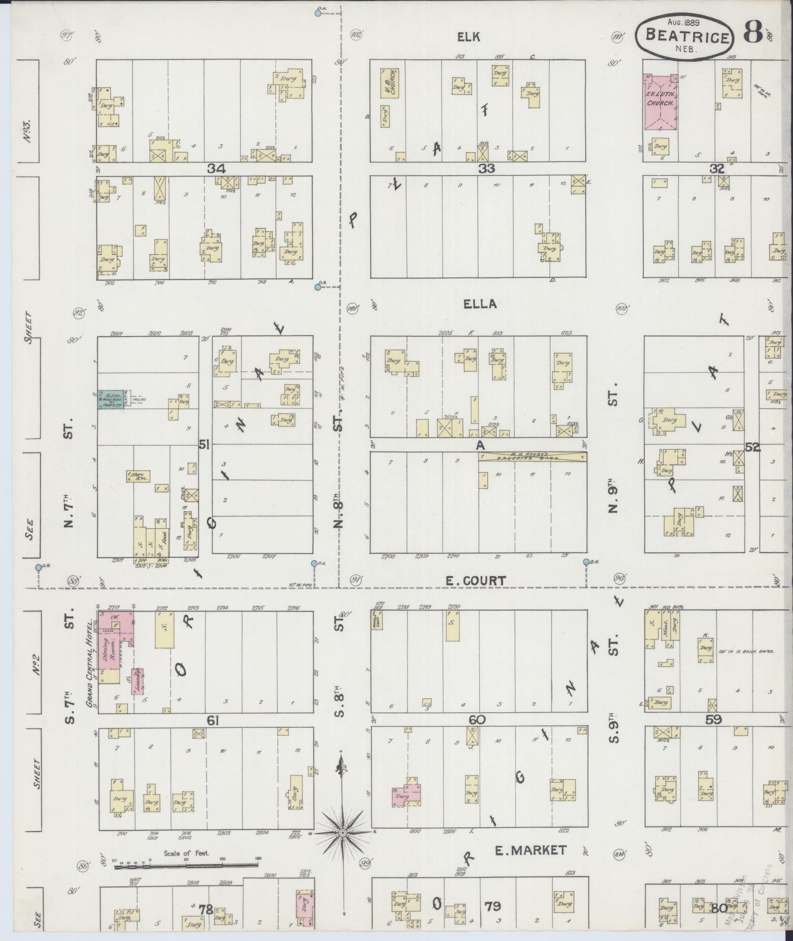 Sanborn Fire Insurance Map from Beatrice, Gage County, Nebraska (1889), Sheet #0008 - Complete Map Set gallery image, historic Sanborn map, vintage wall art, Nebraska Nebraska
