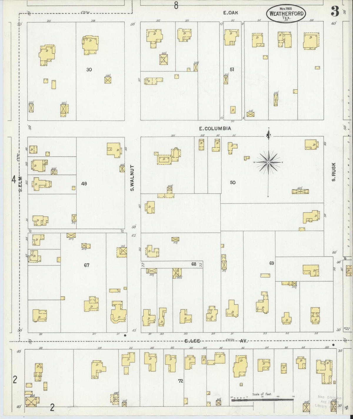 Sanborn Fire Insurance Map from Weatherford, Parker County, Texas (1900), Sheet #0003 - Complete Map Set gallery image, historic Sanborn map, vintage wall art, Texas Texas