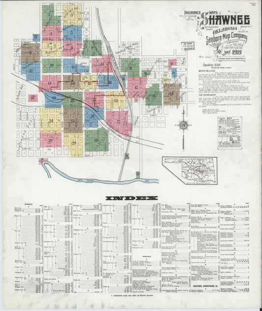 Sanborn Fire Insurance Map from Shawnee, Pottawatomie County, Oklahoma (1919), Sheet #0001 - Historic Sanborn Fire Insurance Map Print, vintage old map wall art, antique decor, genealogy gift, Oklahoma Oklahoma map