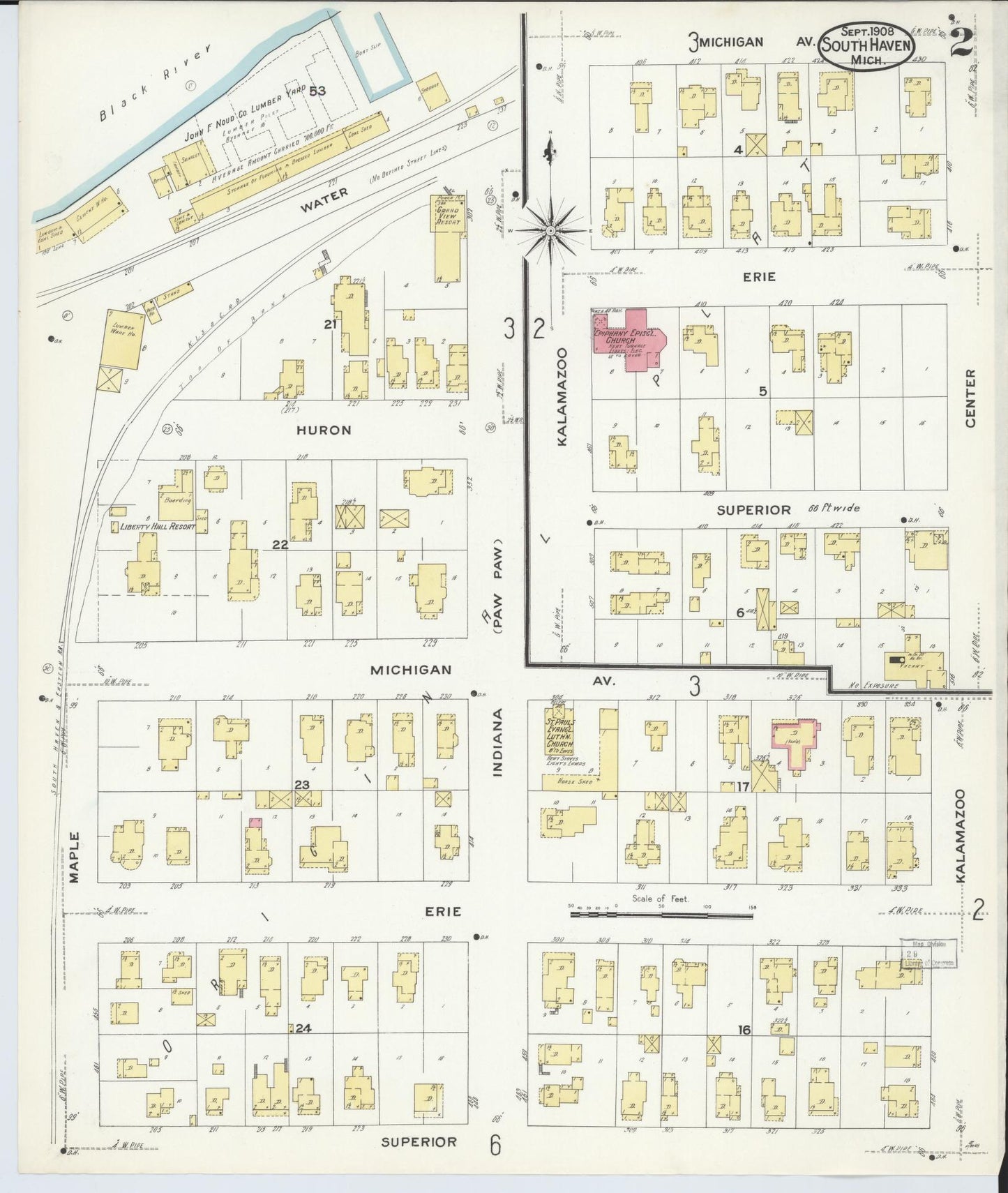 Sanborn Fire Insurance Map from South Haven, Van Buren County, Michigan (1908), Sheet #0002 - Historic Sanborn Fire Insurance Map Print, vintage old map wall art, antique decor, genealogy gift, Michigan Michigan map