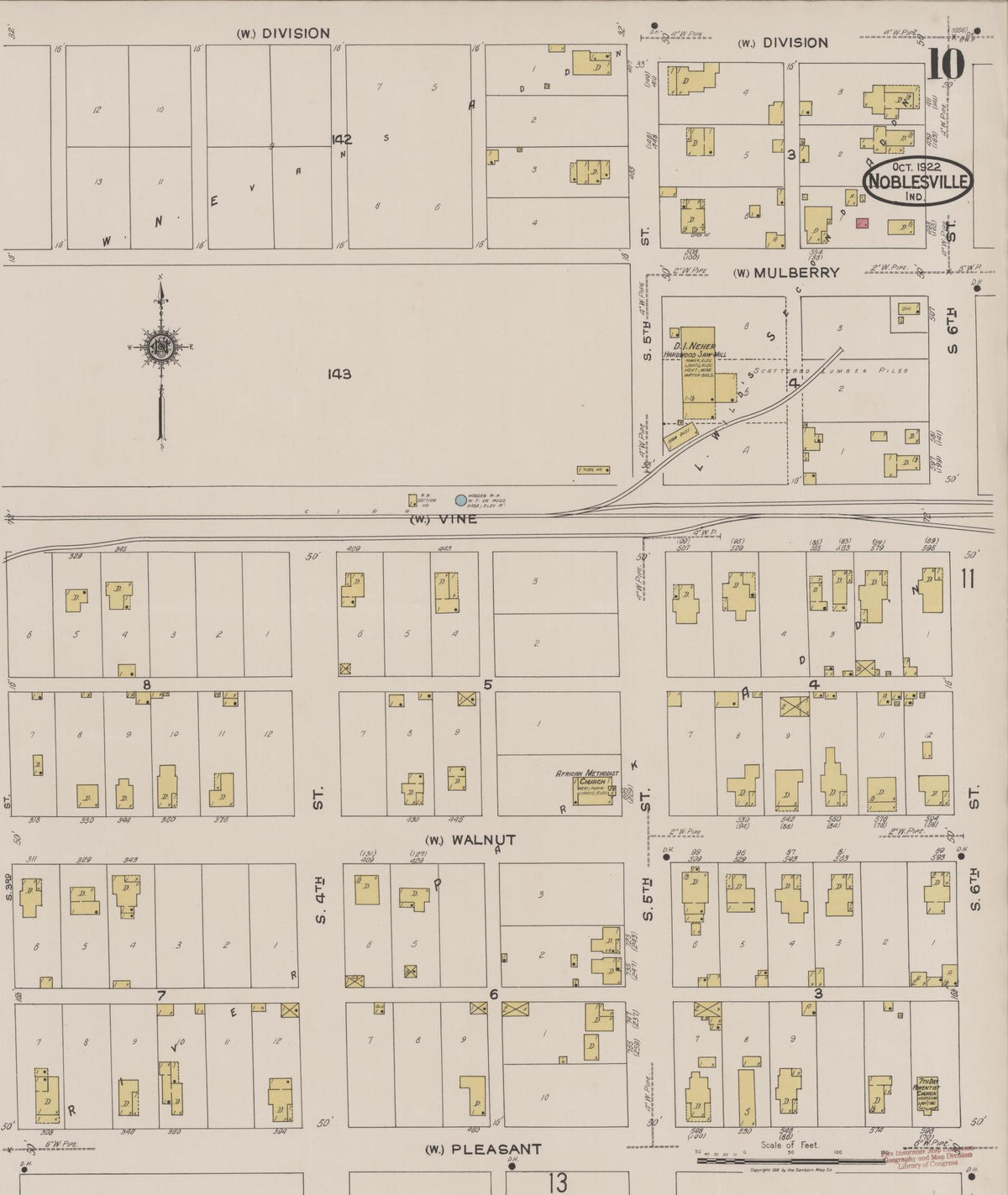 Sanborn Fire Insurance Map from Noblesville, Hamilton County, Indiana (1922), Sheet #0010 - Historic Sanborn Fire Insurance Map Print, vintage old map wall art, antique decor, genealogy gift, Indiana Indiana map