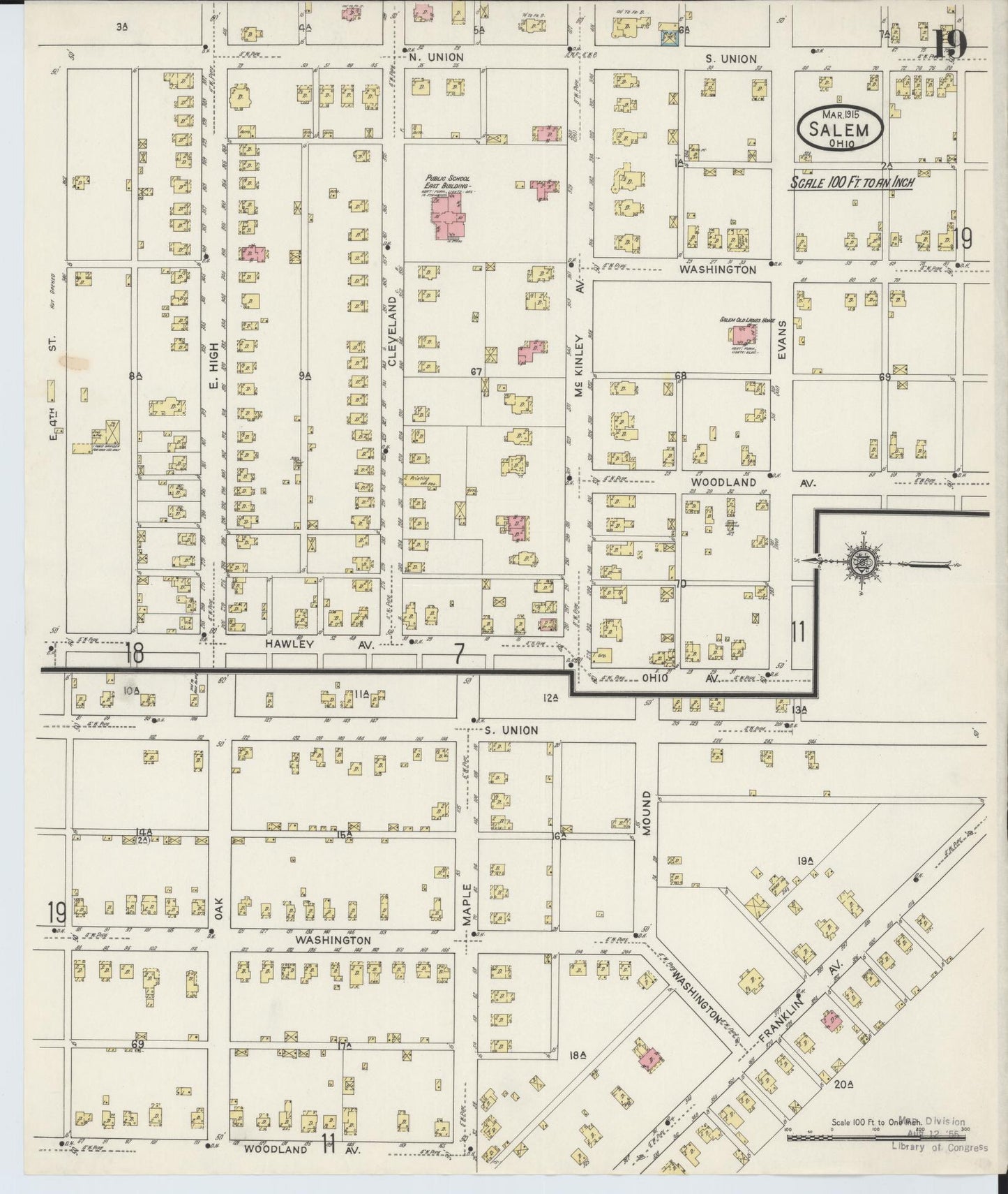 Sanborn Fire Insurance Map from Salem, Columbiana County, Ohio (1915), Sheet #0019 - Historic Sanborn Fire Insurance Map Print, vintage old map wall art, antique decor, genealogy gift, Ohio Ohio map