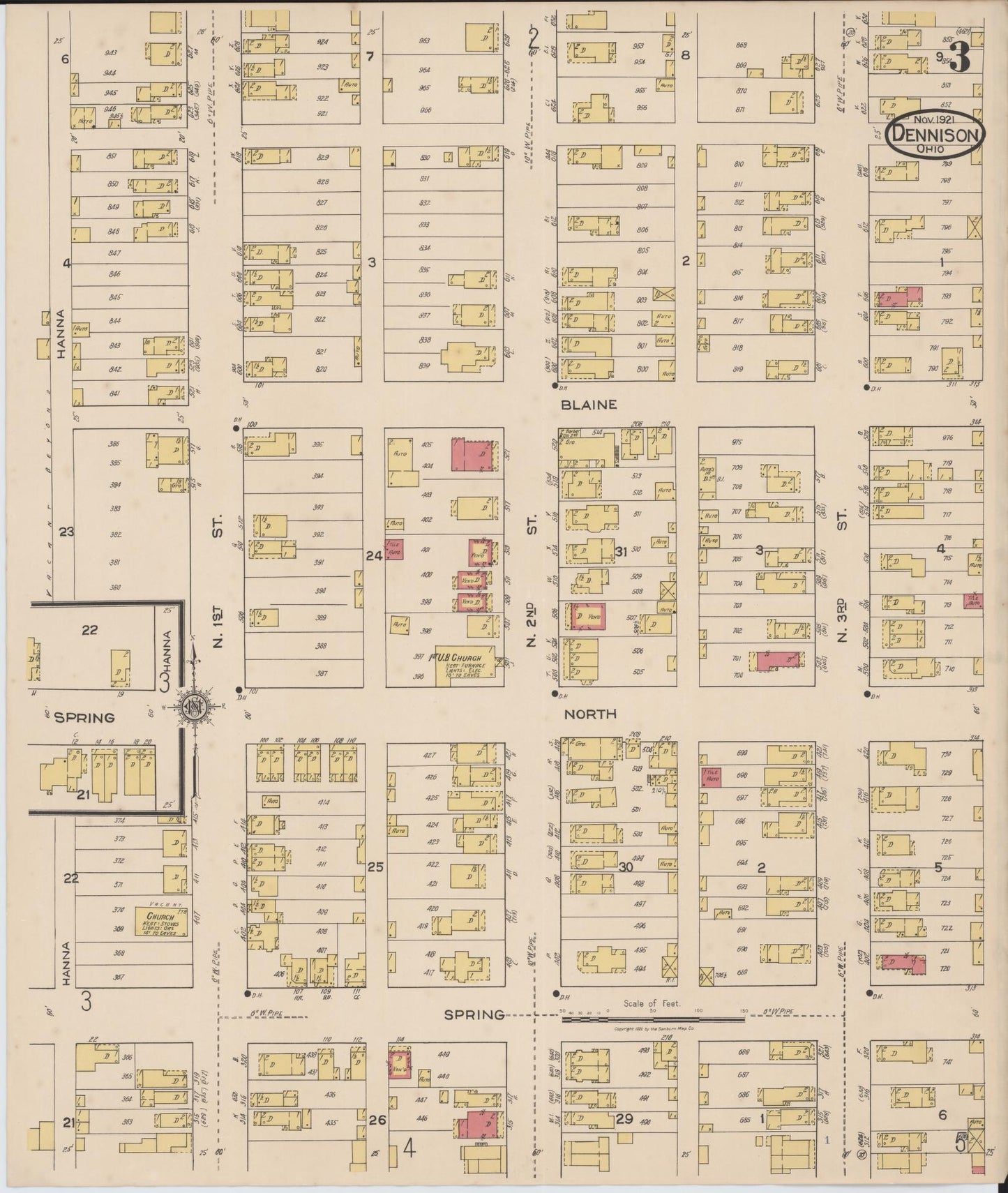 Sanborn Fire Insurance Map from Dennison, Tuscarawas County, Ohio (1921), Sheet #0003 - Historic Sanborn Fire Insurance Map Print, vintage old map wall art, antique decor, genealogy gift, Ohio Ohio map
