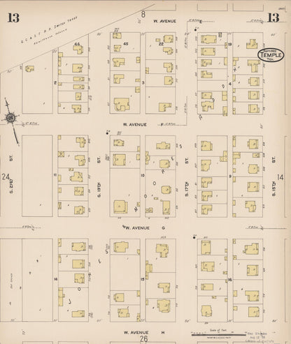 Sanborn Fire Insurance Map from Temple, Bell County, Texas (1922), Sheet #0013 - Historic Sanborn Fire Insurance Map Print, vintage old map wall art, antique decor, genealogy gift, Texas Texas map