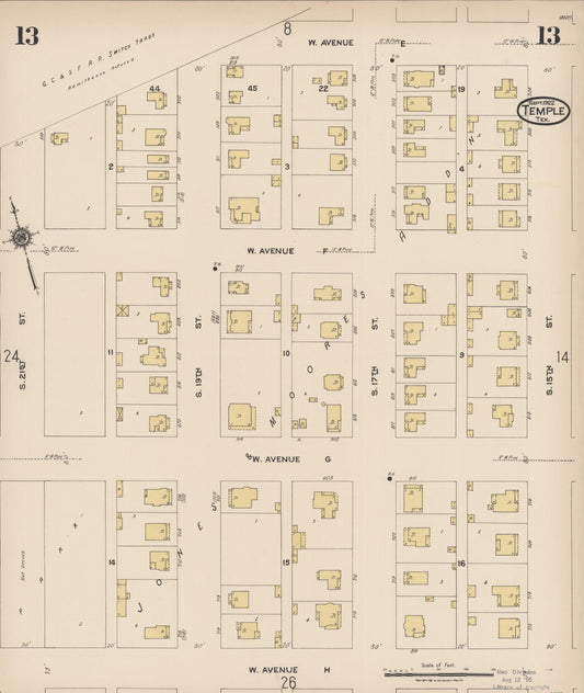 Sanborn Fire Insurance Map from Temple, Bell County, Texas (1922), Sheet #0013 - Historic Sanborn Fire Insurance Map Print, vintage old map wall art, antique decor, genealogy gift, Texas Texas map