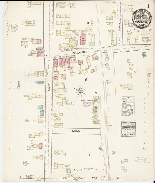 Sanborn Fire Insurance Map from Waterbury, Washington County, Vermont (1884), Sheet #0001 - Historic Sanborn Fire Insurance Map Print, vintage old map wall art, antique decor, genealogy gift, Vermont Vermont map