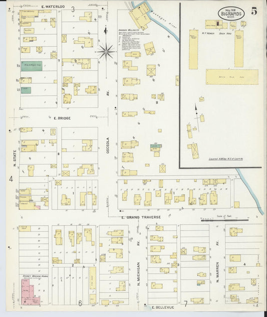 Sanborn Fire Insurance Map from Big Rapids, Mecosta County, Michigan (1908), Sheet #0005 - Historic Sanborn Fire Insurance Map Print, vintage old map wall art, antique decor, genealogy gift, Michigan Michigan map