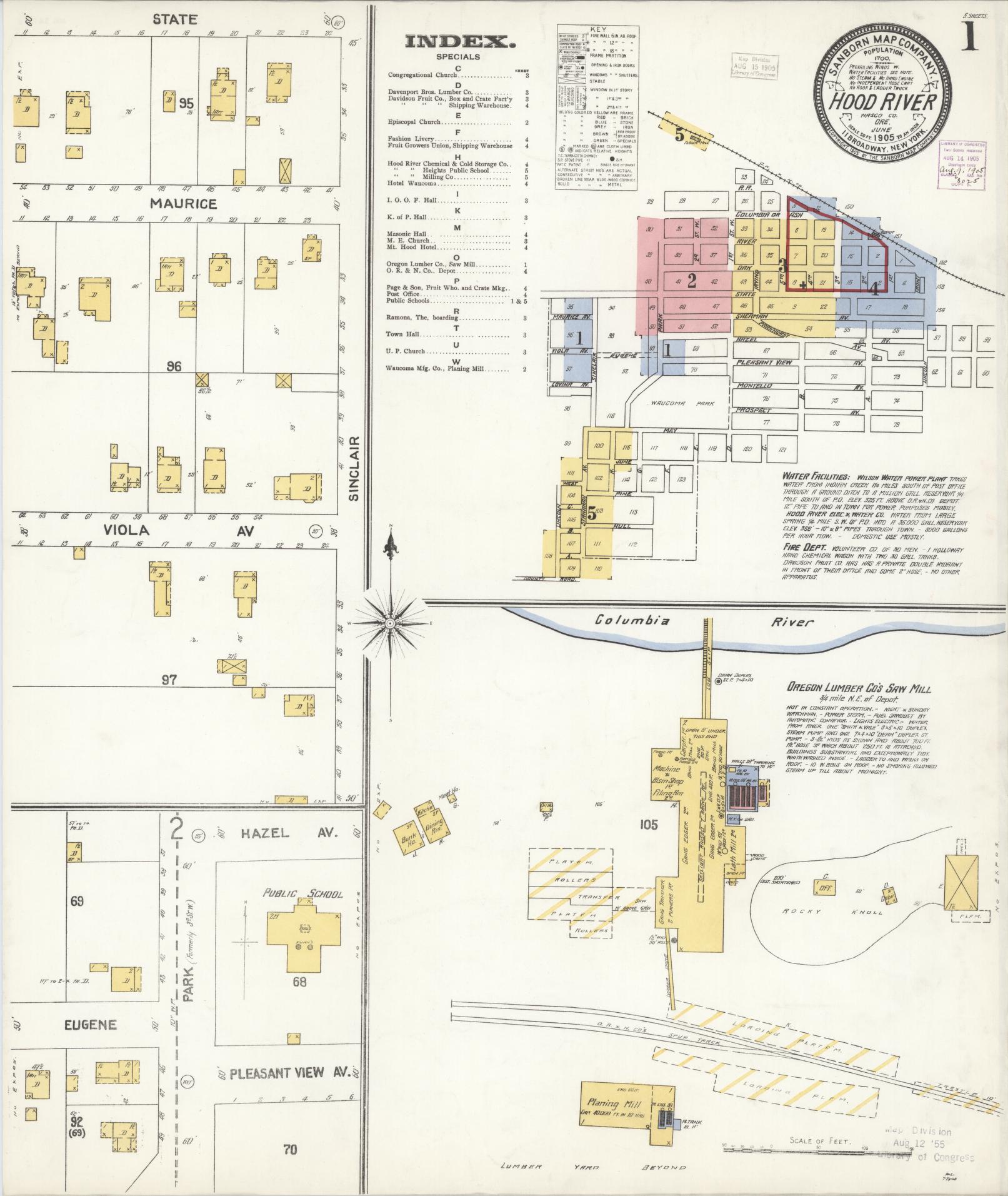 Sanborn Fire Insurance Map from Hood River, Hood River County, Oregon (1905), Sheet #0001 - Historic Sanborn Fire Insurance Map Print, vintage old map wall art, antique decor, genealogy gift, Oregon Oregon map
