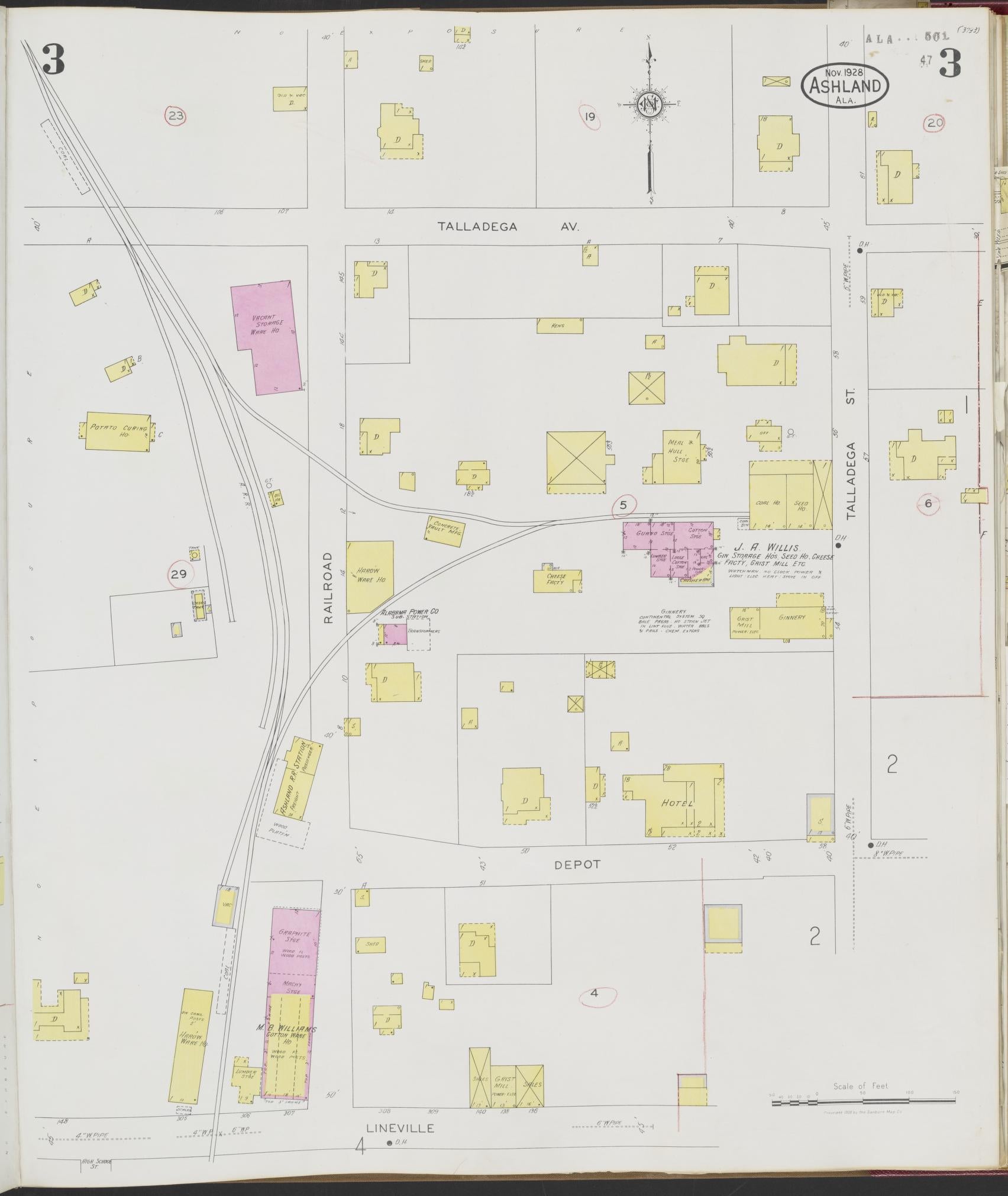 Sanborn Fire Insurance Map from Ashland, Clay County, Alabama (1928), Sheet #0003 - Complete Map Set gallery image, historic Sanborn map, vintage wall art, Alabama Alabama