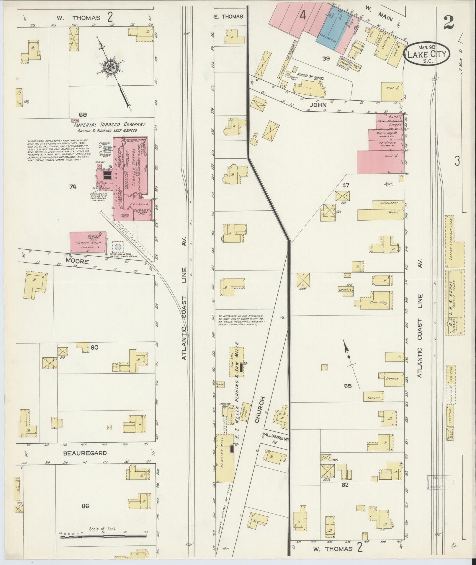 Sanborn Fire Insurance Map from Lake City, Florence County, South Carolina (1913), Sheet #0002 - Historic Sanborn Fire Insurance Map Print, vintage old map wall art, antique decor, genealogy gift, South Carolina South Carolina map