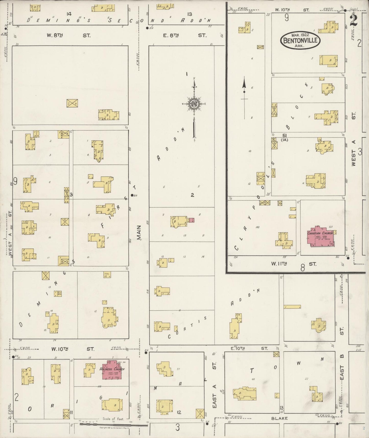 Sanborn Fire Insurance Map from Bentonville, Benton County, Arkansas (1922), Sheet #0002 - Historic Sanborn Fire Insurance Map Print, vintage old map wall art, antique decor, genealogy gift, Arkansas Arkansas map