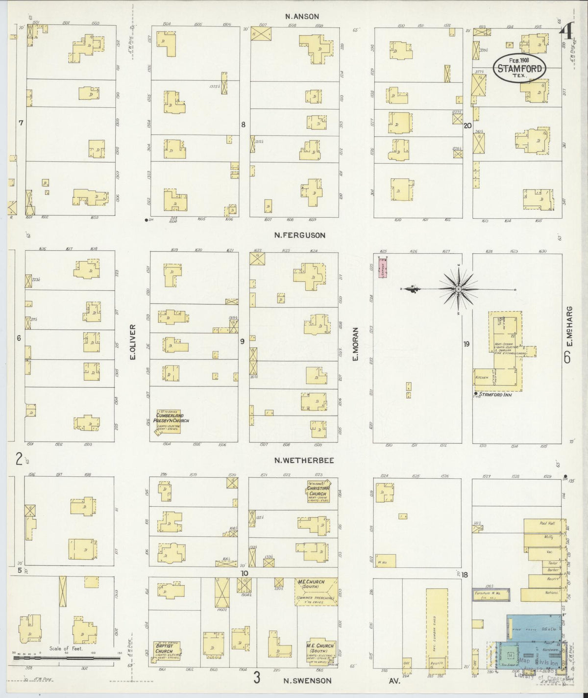 Sanborn Fire Insurance Map from Stamford, Jones County, Texas (1908), Sheet #0004 - Historic Sanborn Fire Insurance Map Print, vintage old map wall art, antique decor, genealogy gift, Texas Texas map