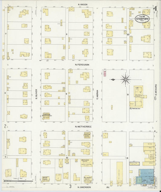 Sanborn Fire Insurance Map from Stamford, Jones County, Texas (1908), Sheet #0004 - Historic Sanborn Fire Insurance Map Print, vintage old map wall art, antique decor, genealogy gift, Texas Texas map