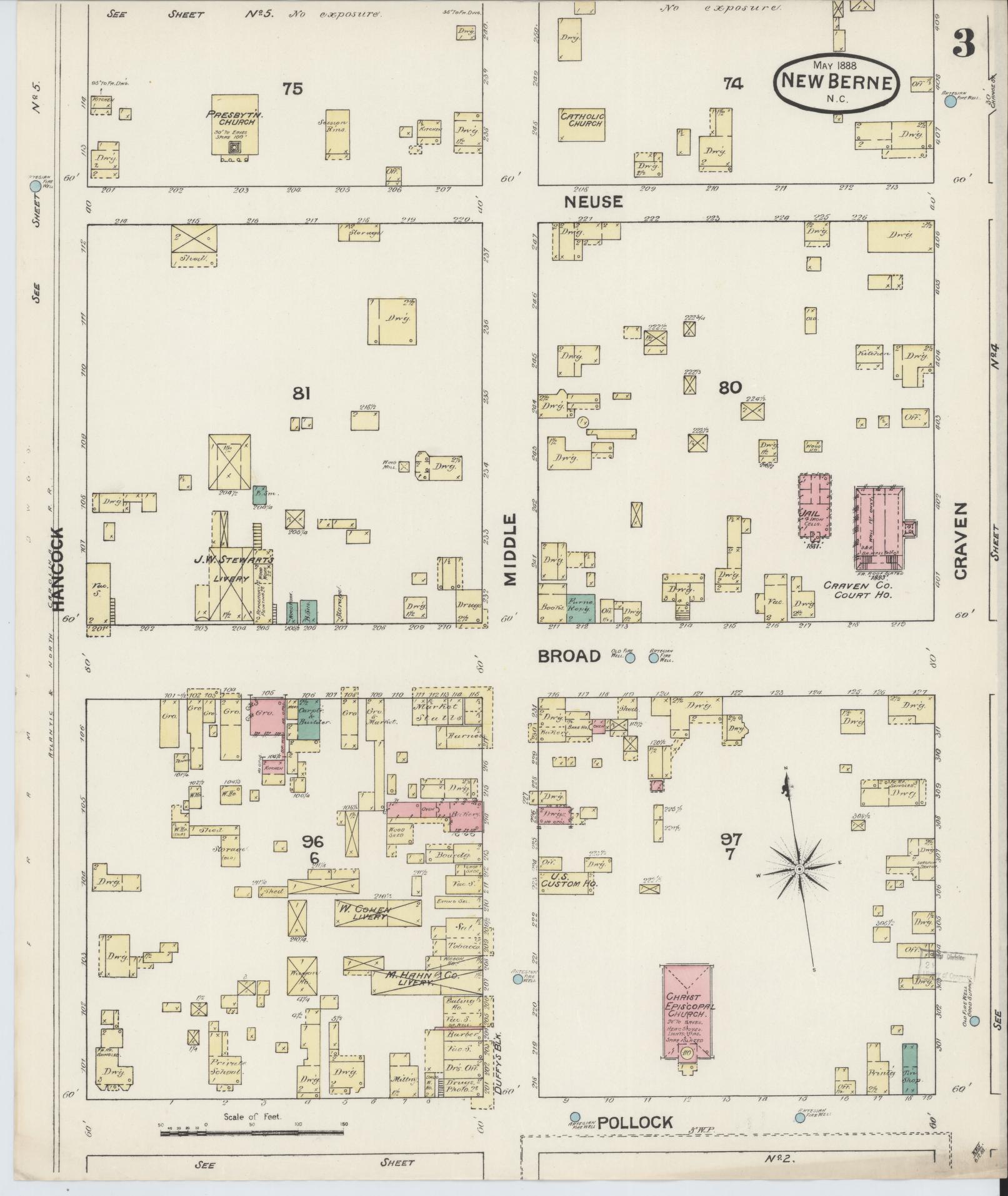 Sanborn Fire Insurance Map from New Bern, Craven County, North Carolina (1888), Sheet #0003 - Historic Sanborn Fire Insurance Map Print, vintage old map wall art, antique decor, genealogy gift, North Carolina North Carolina map