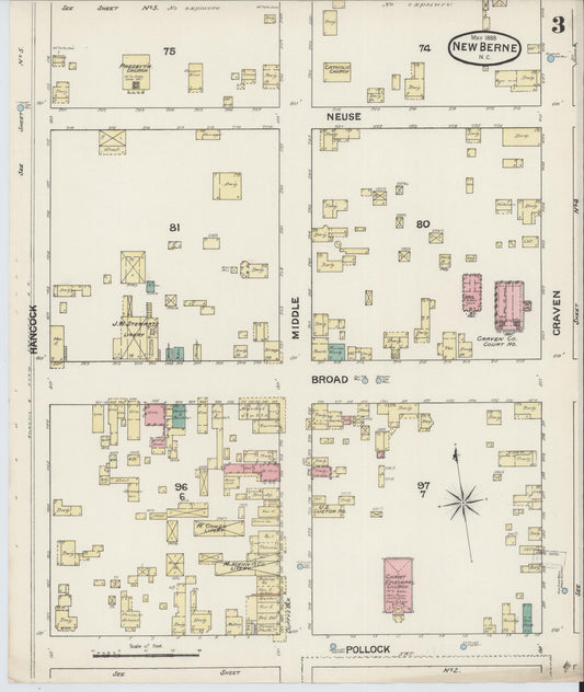 Sanborn Fire Insurance Map from New Bern, Craven County, North Carolina (1888), Sheet #0003 - Historic Sanborn Fire Insurance Map Print, vintage old map wall art, antique decor, genealogy gift, North Carolina North Carolina map