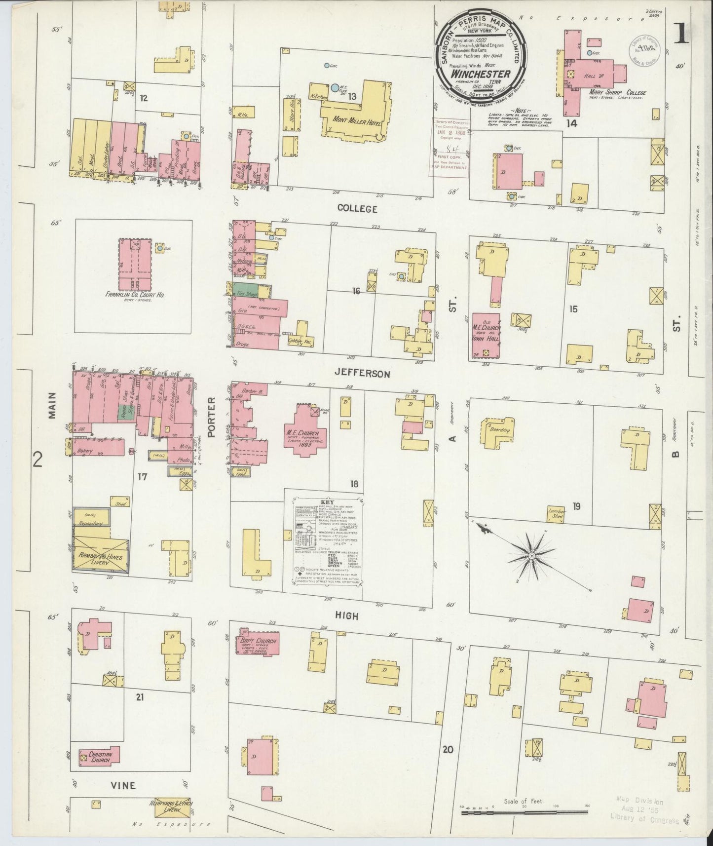 Sanborn Fire Insurance Map from Winchester, Franklin County, Tennessee (1899), Sheet #0001 - Complete Map Set gallery image, historic Sanborn map, vintage wall art, Tennessee Tennessee