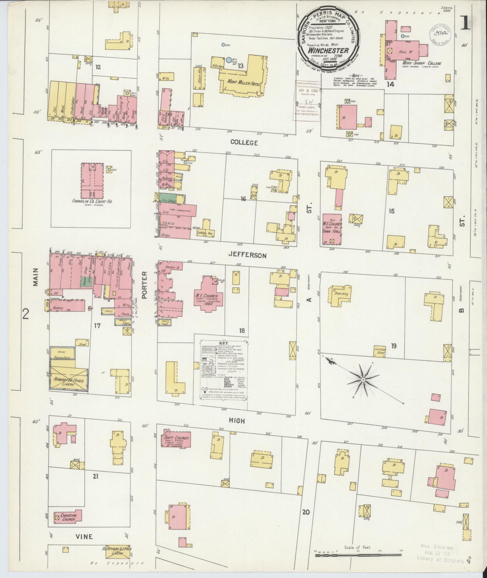 Sanborn Fire Insurance Map from Winchester, Franklin County, Tennessee (1899), Sheet #0001 - Complete Map Set gallery image, historic Sanborn map, vintage wall art, Tennessee Tennessee