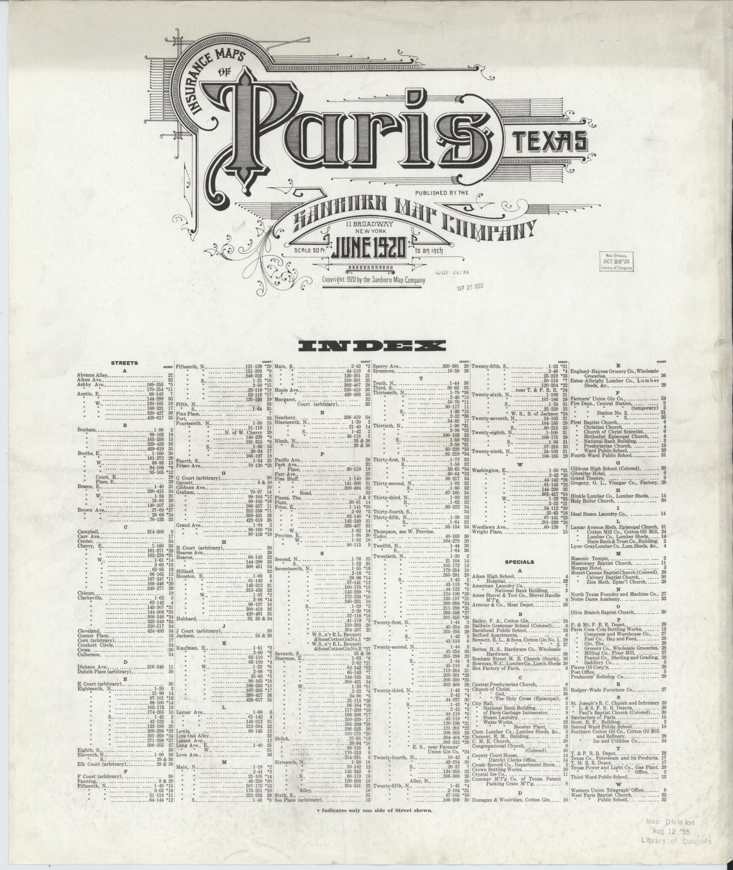 Sanborn Fire Insurance Map from Paris, Lamar County, Texas (1920), Sheet #0001 - Historic Sanborn Fire Insurance Map Print, vintage old map wall art, antique decor, genealogy gift, Texas Texas map