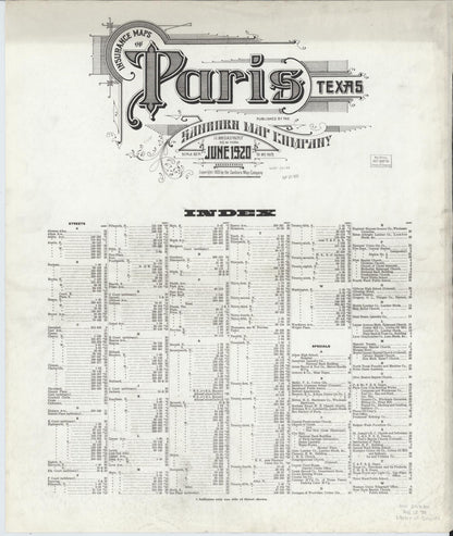 Sanborn Fire Insurance Map from Paris, Lamar County, Texas (1920), Sheet #0001 - Historic Sanborn Fire Insurance Map Print, vintage old map wall art, antique decor, genealogy gift, Texas Texas map
