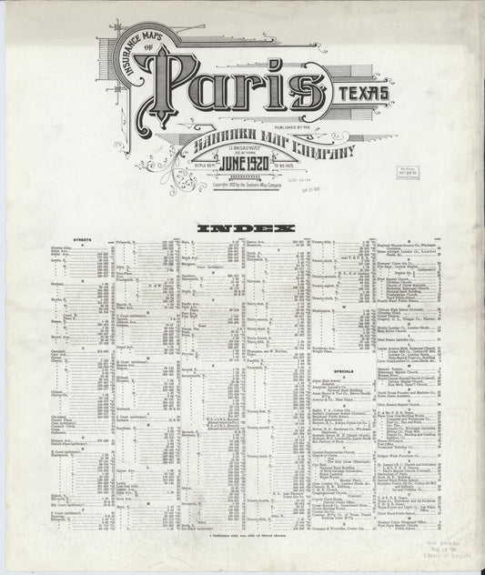 Sanborn Fire Insurance Map from Paris, Lamar County, Texas (1920), Sheet #0001 - Historic Sanborn Fire Insurance Map Print, vintage old map wall art, antique decor, genealogy gift, Texas Texas map