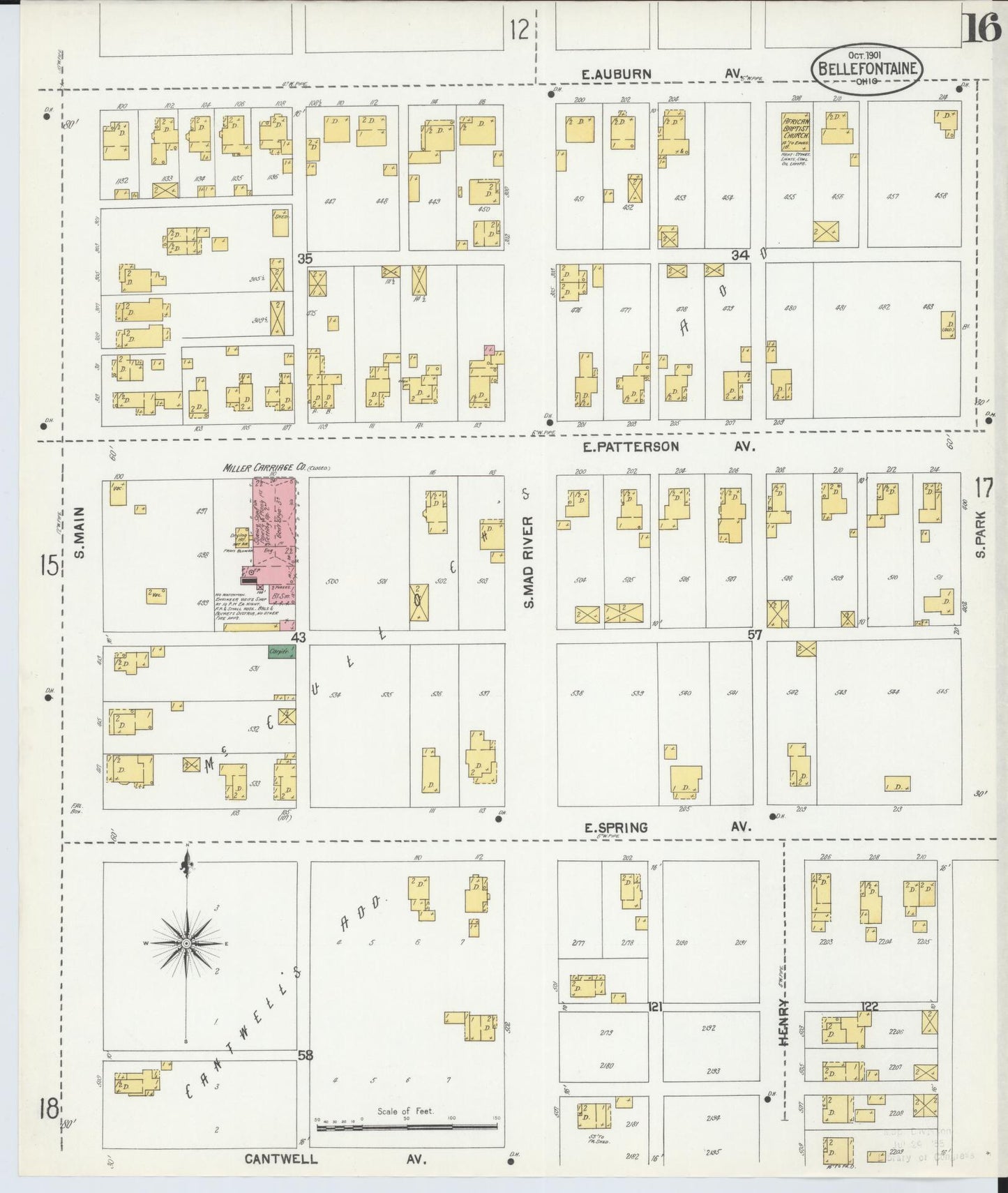 Sanborn Fire Insurance Map from Bellefontaine, Logan County, Ohio (1901), Sheet #0016 - Historic Sanborn Fire Insurance Map Print, vintage old map wall art, antique decor, genealogy gift, Ohio Ohio map