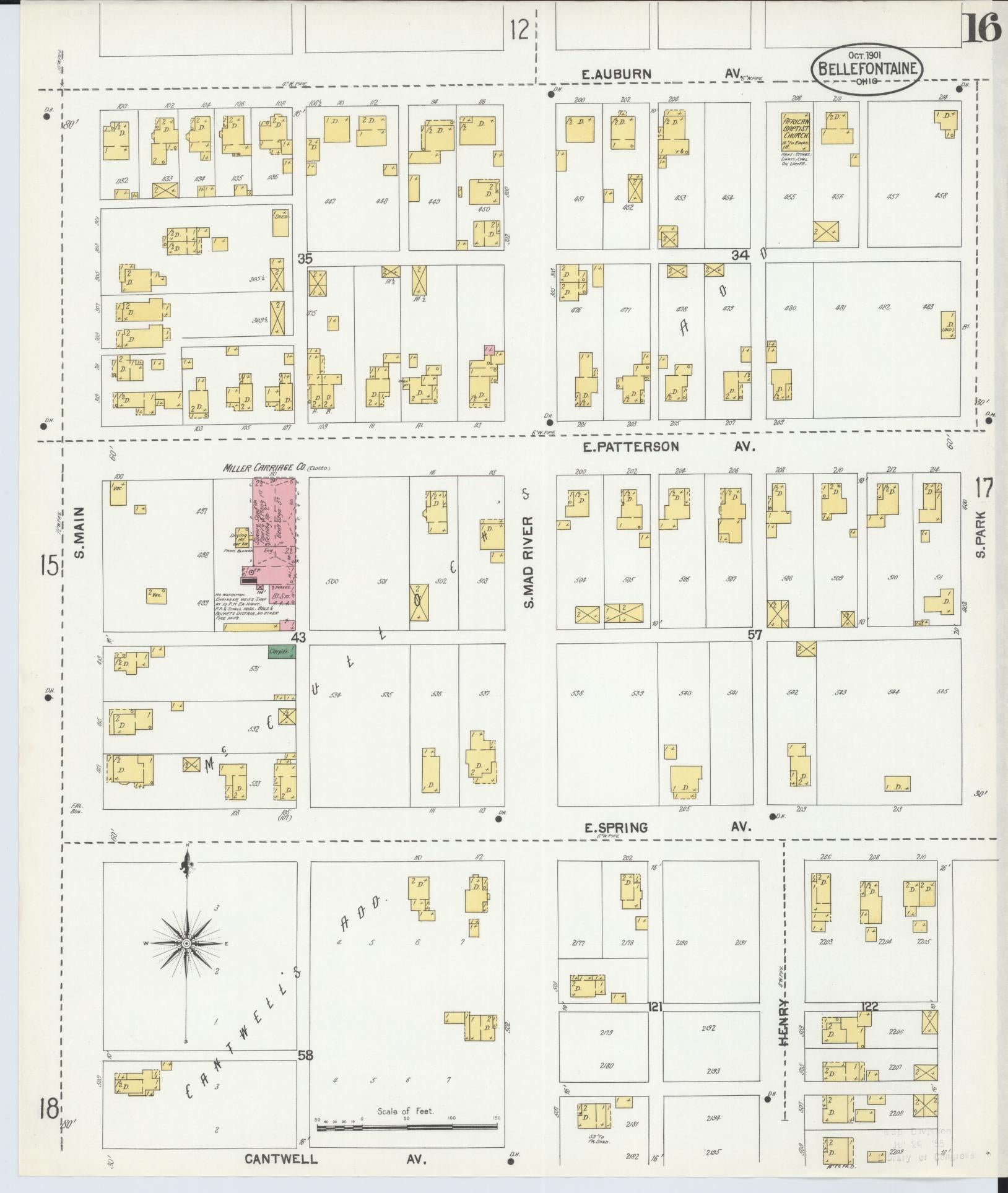 Sanborn Fire Insurance Map from Bellefontaine, Logan County, Ohio (1901), Sheet #0016 - Historic Sanborn Fire Insurance Map Print, vintage old map wall art, antique decor, genealogy gift, Ohio Ohio map