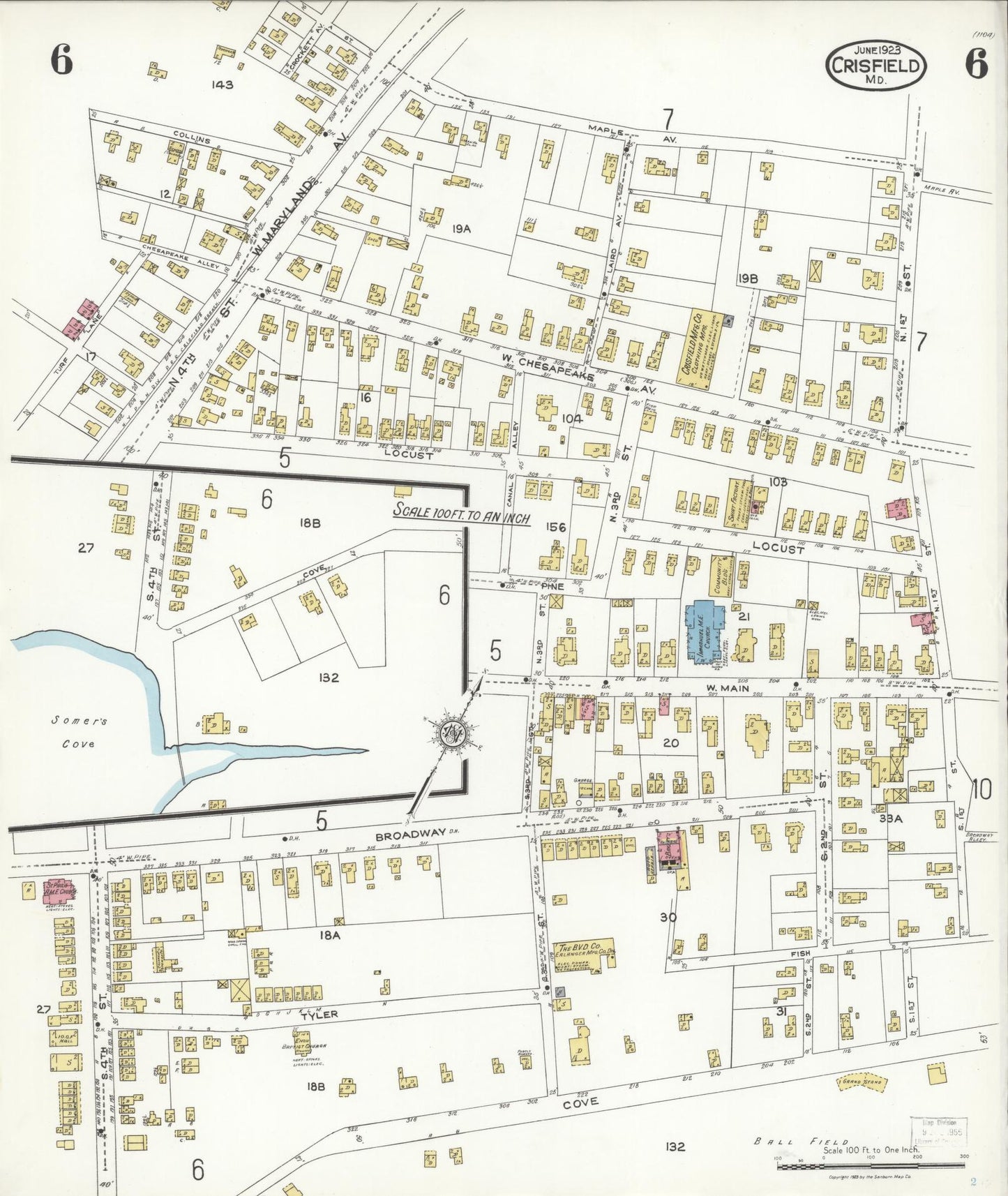 Sanborn Fire Insurance Map from Crisfield, Somerset County, Maryland (1923), Sheet #0006 - Historic Sanborn Fire Insurance Map Print, vintage old map wall art, antique decor, genealogy gift, Maryland Maryland map