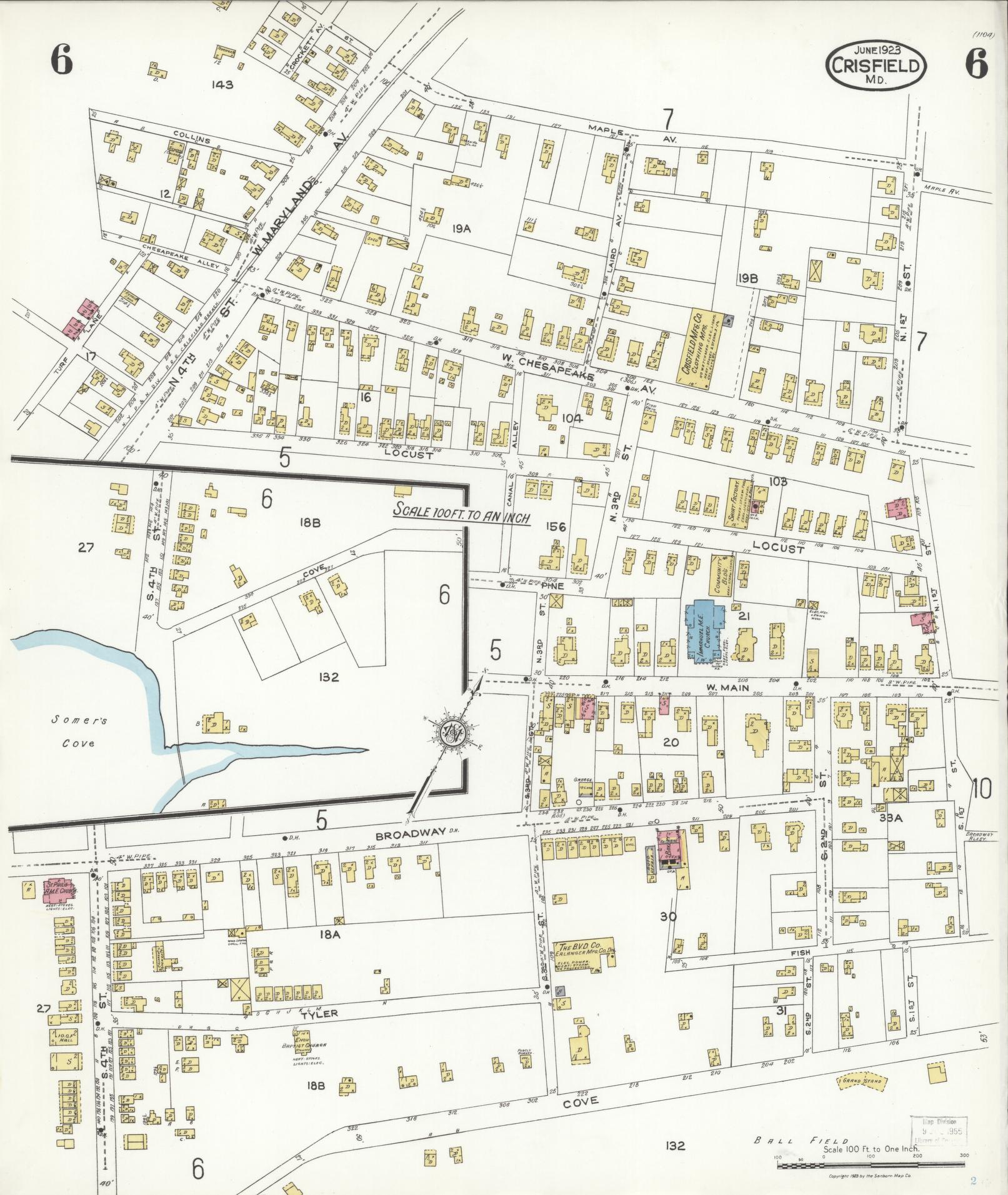 Sanborn Fire Insurance Map from Crisfield, Somerset County, Maryland (1923), Sheet #0006 - Historic Sanborn Fire Insurance Map Print, vintage old map wall art, antique decor, genealogy gift, Maryland Maryland map
