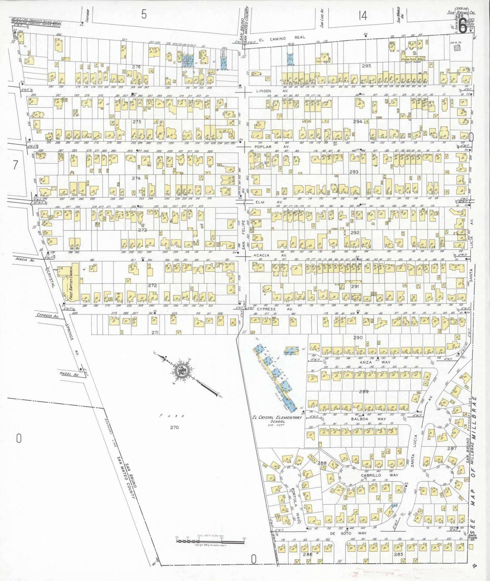 Sanborn Fire Insurance Map from San Bruno, San Mateo County, California (1949), Sheet #0006 - Complete Map Set gallery image, historic Sanborn map, vintage wall art, California California