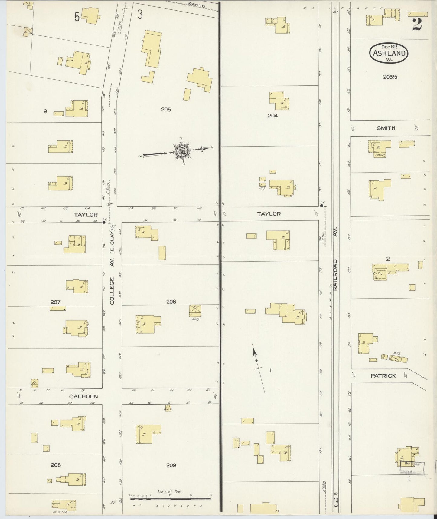 Sanborn Fire Insurance Map from Ashland, Hanover County, Virginia (1913), Sheet #0002 - Historic Sanborn Fire Insurance Map Print, vintage old map wall art, antique decor, genealogy gift, Virginia Virginia map