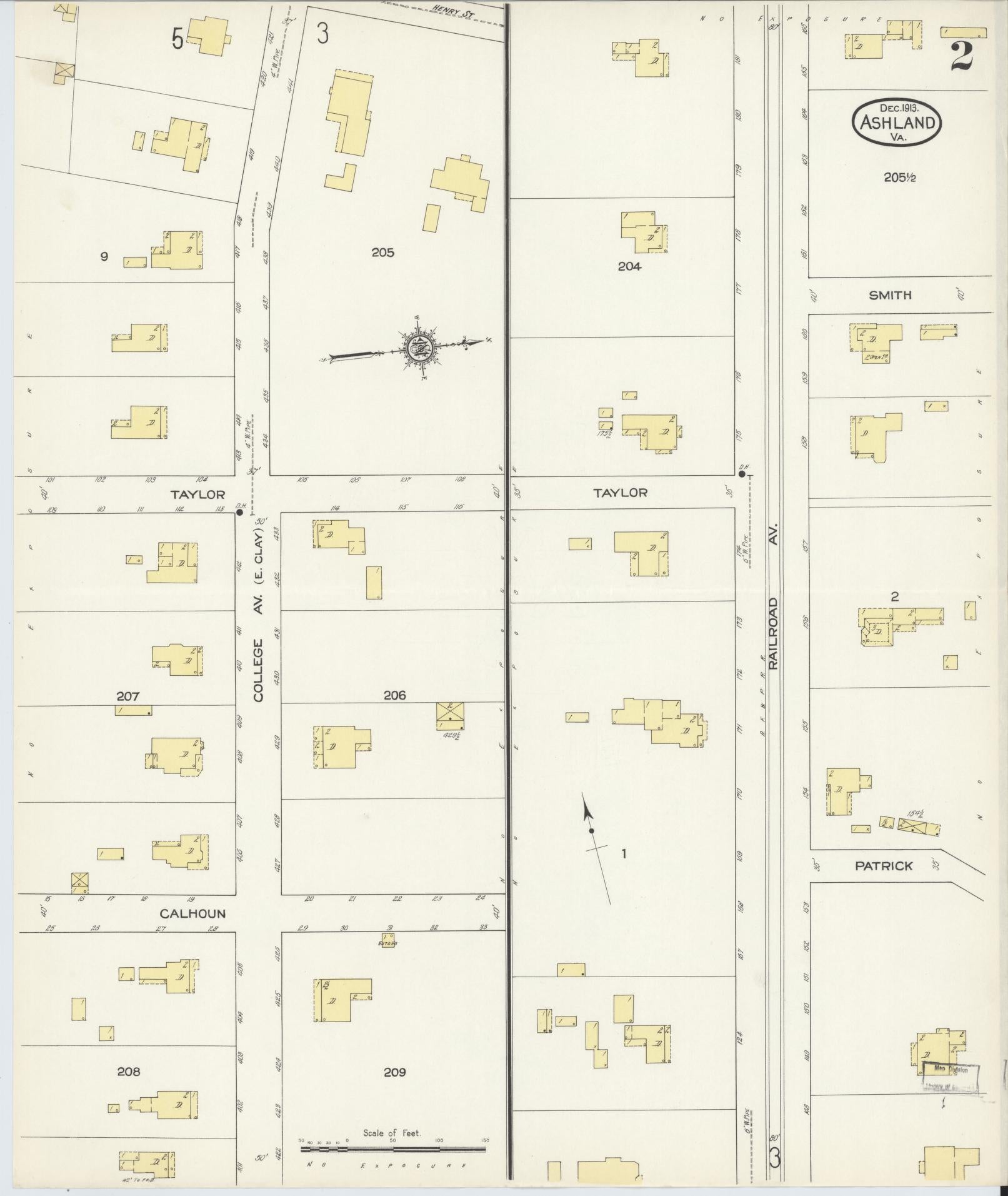 Sanborn Fire Insurance Map from Ashland, Hanover County, Virginia (1913), Sheet #0002 - Historic Sanborn Fire Insurance Map Print, vintage old map wall art, antique decor, genealogy gift, Virginia Virginia map