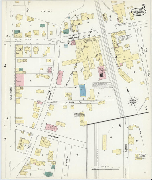Sanborn Fire Insurance Map from Norwood, Norfolk County, Massachusetts (1909), Sheet #0005 - Historic Sanborn Fire Insurance Map Print, vintage old map wall art, antique decor, genealogy gift, Massachusetts Massachusetts map
