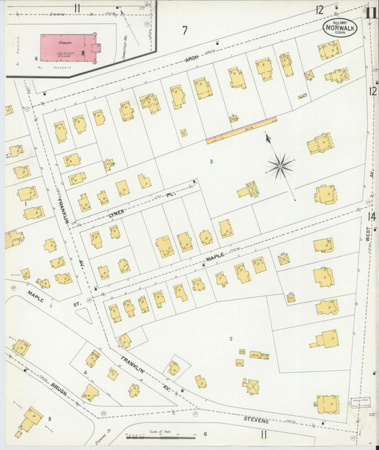 Sanborn Fire Insurance Map from Norwalk, Fairfield County, Connecticut (1901), Sheet #0011 - Historic Sanborn Fire Insurance Map Print, vintage old map wall art, antique decor, genealogy gift, Connecticut Connecticut map