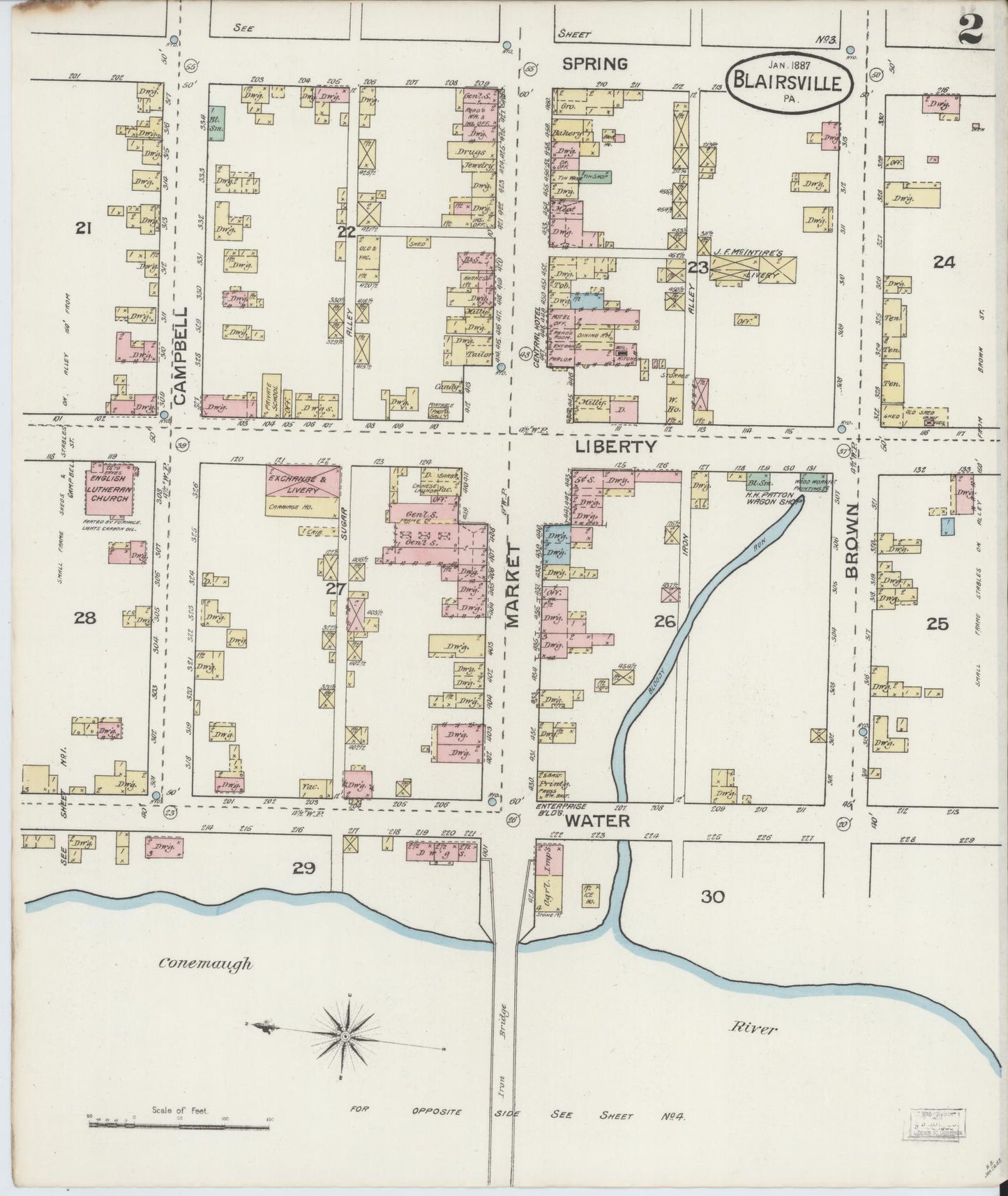 Sanborn Fire Insurance Map from Blairsville, Indiana County, Pennsylvania (1887), Sheet #0002 - Historic Sanborn Fire Insurance Map Print, vintage old map wall art, antique decor, genealogy gift, Pennsylvania Pennsylvania map
