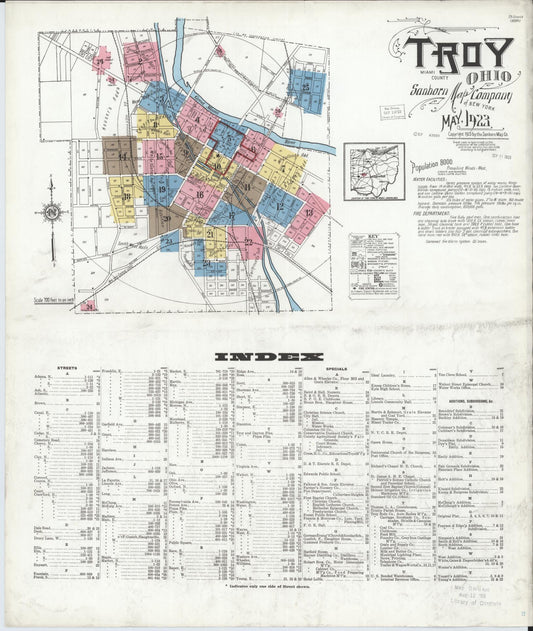 Sanborn Fire Insurance Map from Troy, Miami County, Ohio (1923), Sheet #0001 - Historic Sanborn Fire Insurance Map Print, vintage old map wall art, antique decor, genealogy gift, Ohio Ohio map