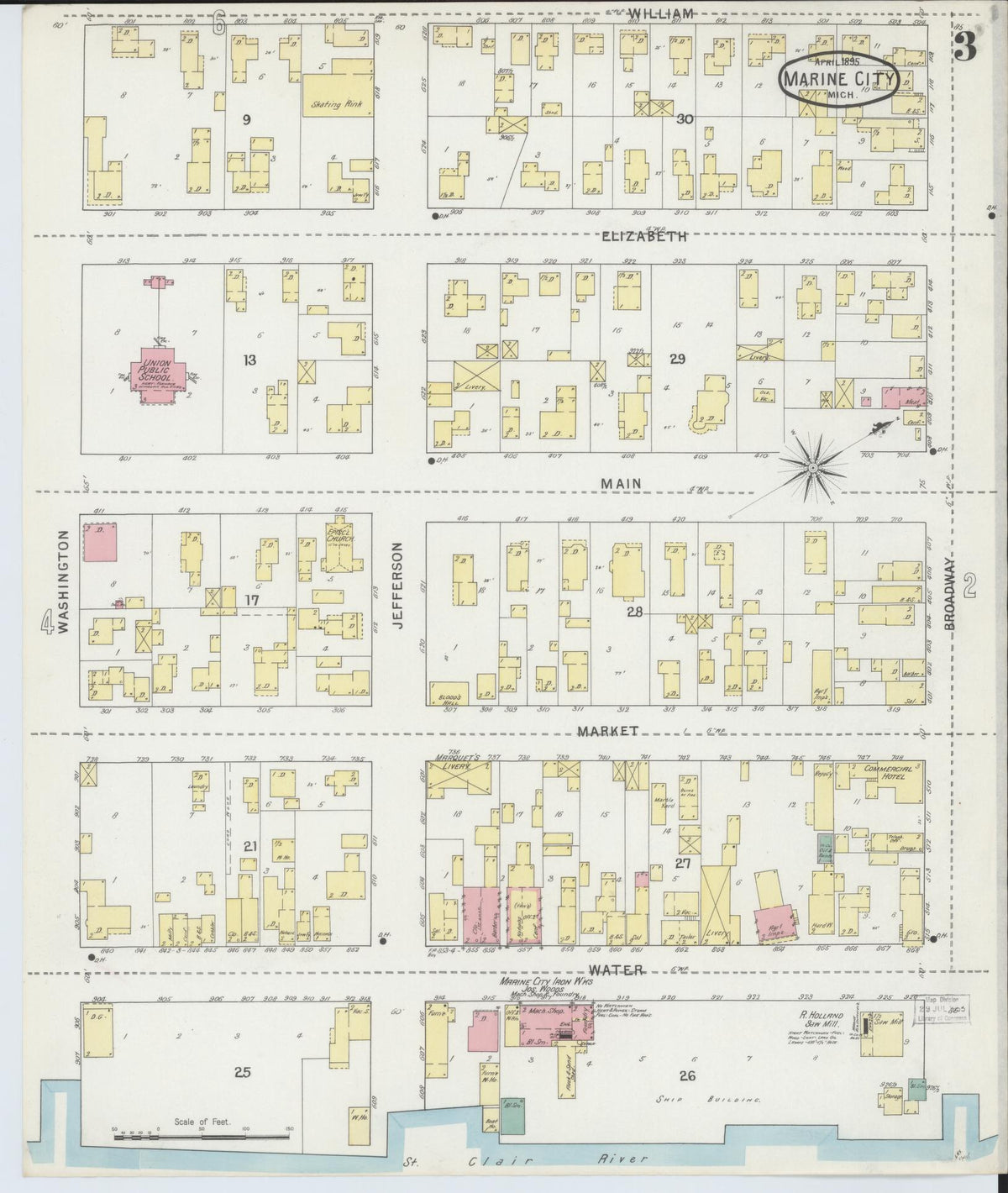 Sanborn Fire Insurance Map from Marine City, Saint Clair County, Michigan (1895), Sheet #0003 - Historic Sanborn Fire Insurance Map Print, vintage old map wall art, antique decor, genealogy gift, Michigan Michigan map