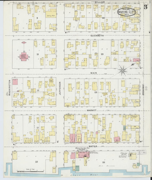 Sanborn Fire Insurance Map from Marine City, Saint Clair County, Michigan (1895), Sheet #0003 - Historic Sanborn Fire Insurance Map Print, vintage old map wall art, antique decor, genealogy gift, Michigan Michigan map