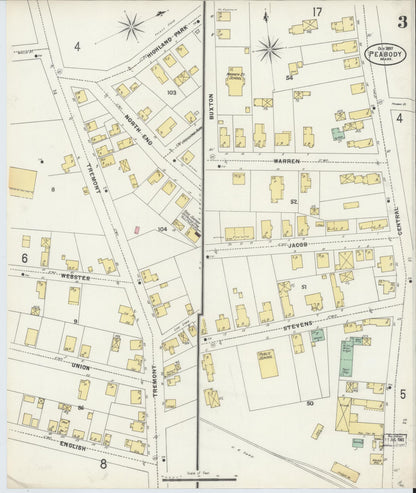 Sanborn Fire Insurance Map from Peabody, Essex County, Massachusetts (1897), Sheet #0003 - Historic Sanborn Fire Insurance Map Print, vintage old map wall art, antique decor, genealogy gift, Massachusetts Massachusetts map