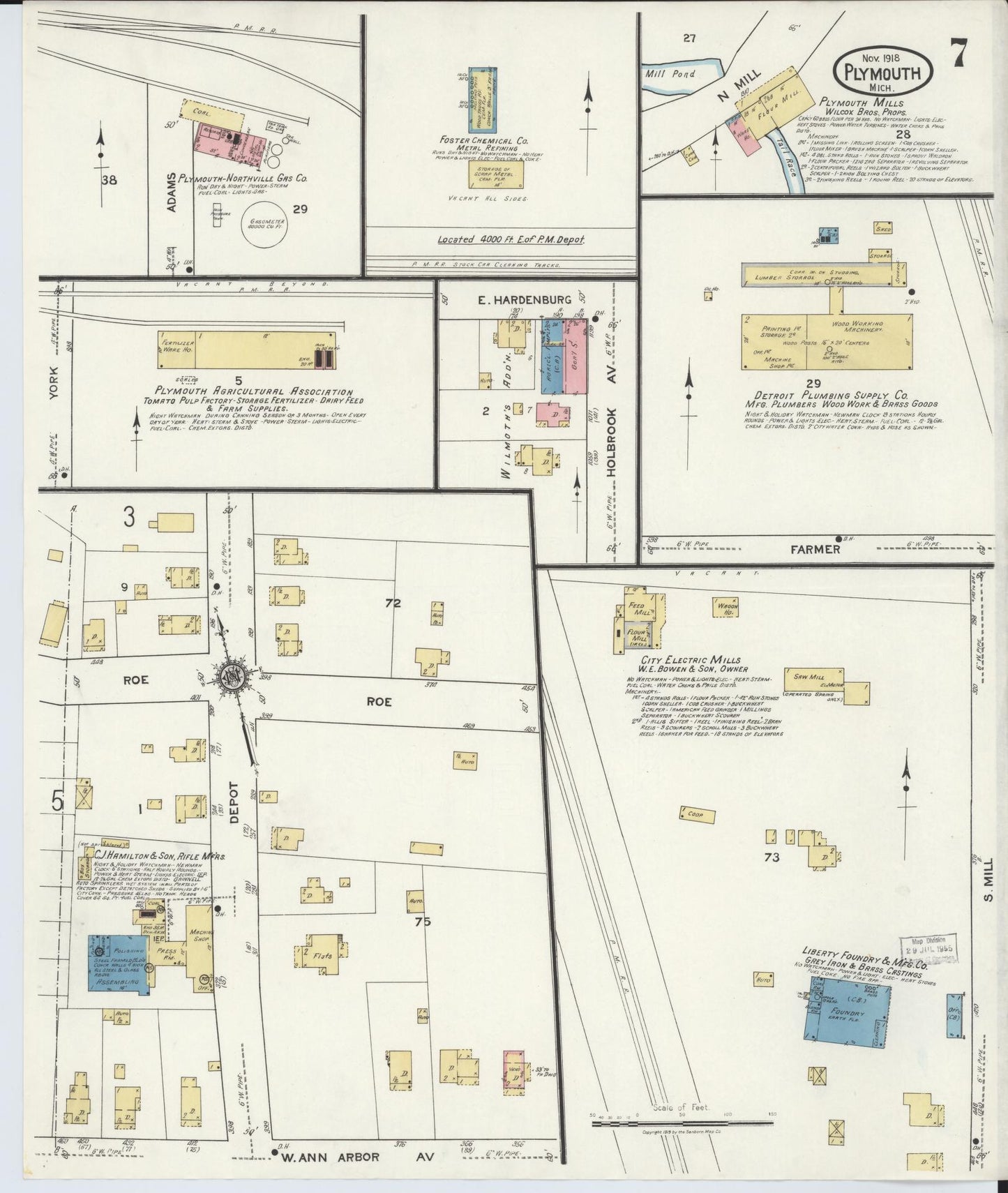 Sanborn Fire Insurance Map from Plymouth, Wayne County, Michigan (1918), Sheet #0007 - Historic Sanborn Fire Insurance Map Print, vintage old map wall art, antique decor, genealogy gift, Michigan Michigan map
