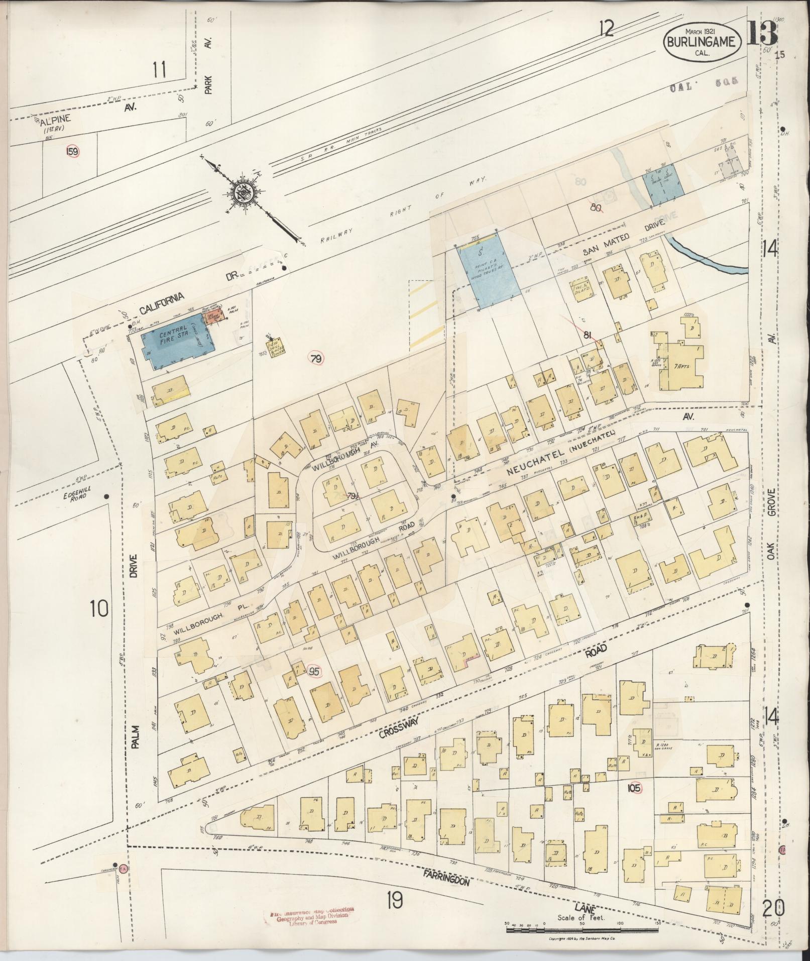 Sanborn Fire Insurance Map from Burlingame, San Mateo County, California (1949), Sheet #0013 - Complete Map Set gallery image, historic Sanborn map, vintage wall art, California California