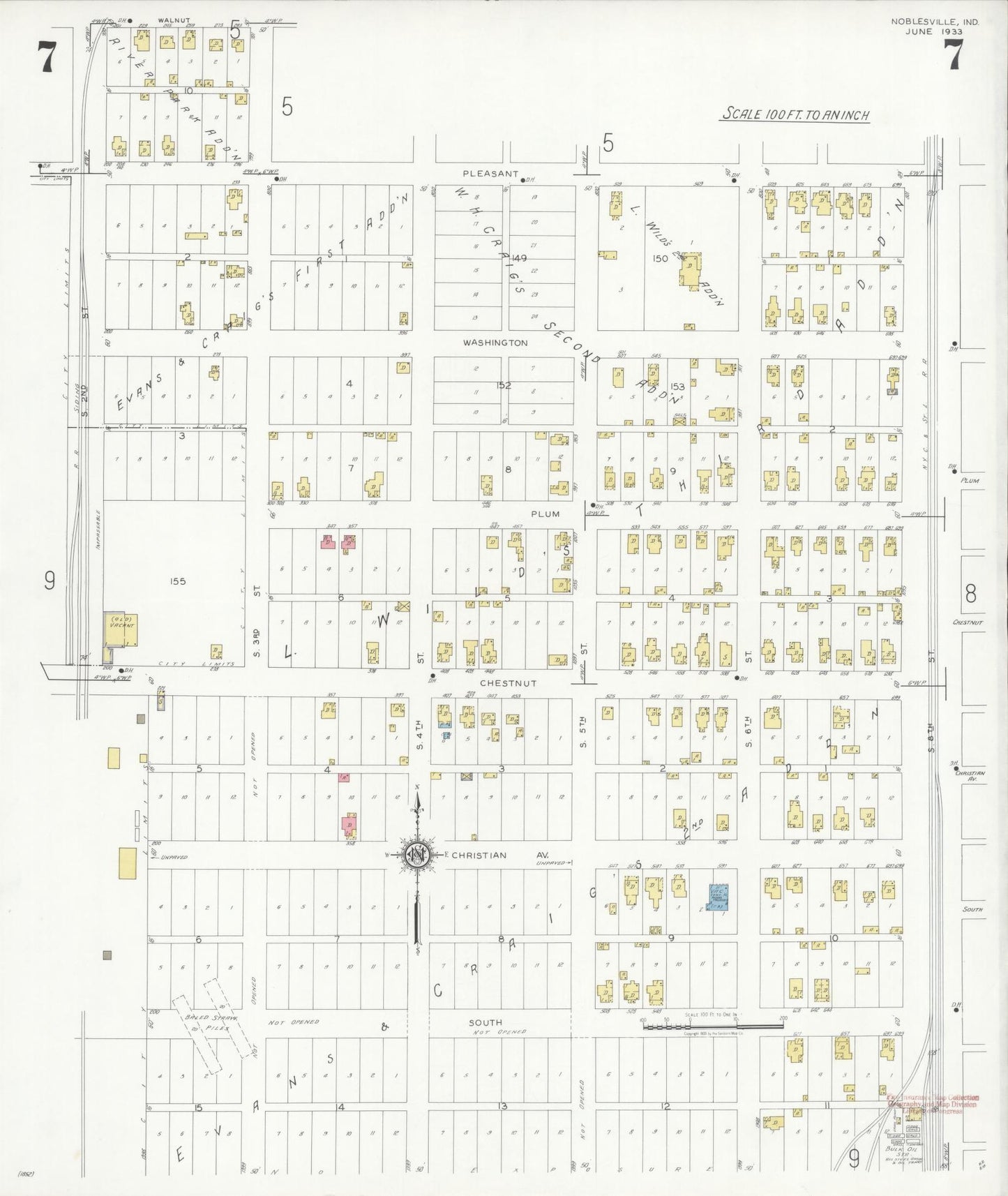 Sanborn Fire Insurance Map from Noblesville, Hamilton County, Indiana (1933), Sheet #0007 - Complete Map Set gallery image, historic Sanborn map, vintage wall art, Indiana Indiana