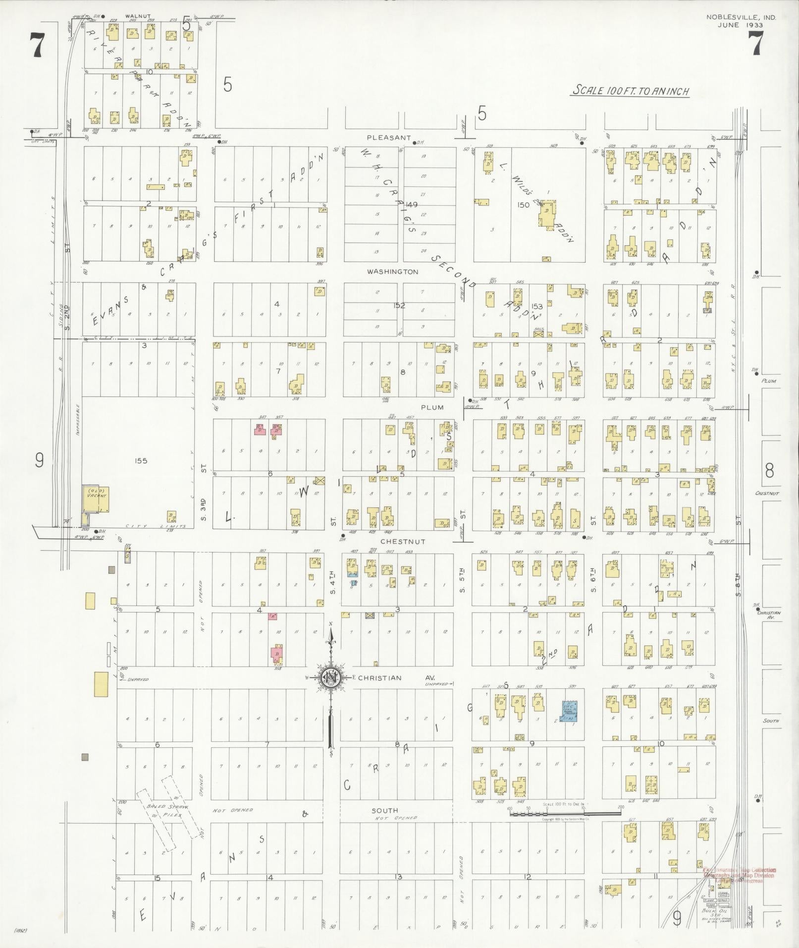 Sanborn Fire Insurance Map from Noblesville, Hamilton County, Indiana (1933), Sheet #0007 - Complete Map Set gallery image, historic Sanborn map, vintage wall art, Indiana Indiana