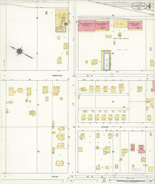 Sanborn Fire Insurance Map from Wenatchee, Chelan County, Washington (1921), Sheet #0004 - Historic Sanborn Fire Insurance Map Print, vintage old map wall art, antique decor, genealogy gift, Washington Washington map