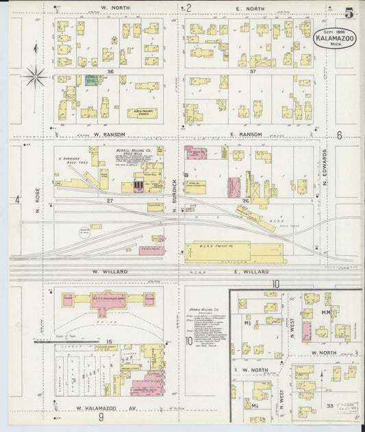 Sanborn Fire Insurance Map from Kalamazoo, Kalamazoo County, Michigan (1896), Sheet #0005 - Historic Sanborn Fire Insurance Map Print, vintage old map wall art, antique decor, genealogy gift, Michigan Michigan map
